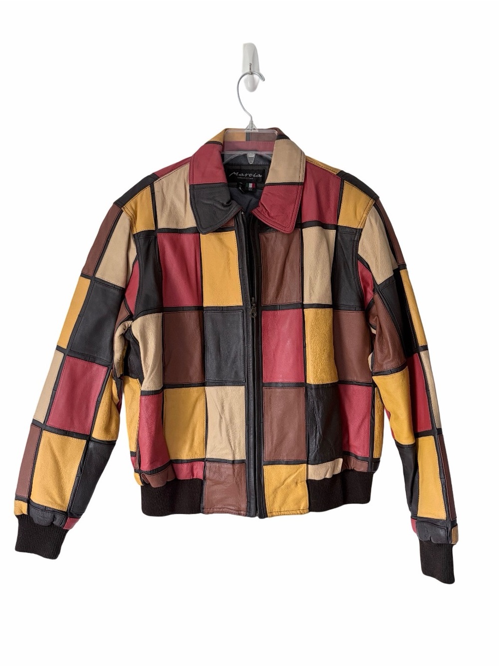 Marcia Collection Vintage Leather Patchwork Groovy Jacket size XL Brown Yellow